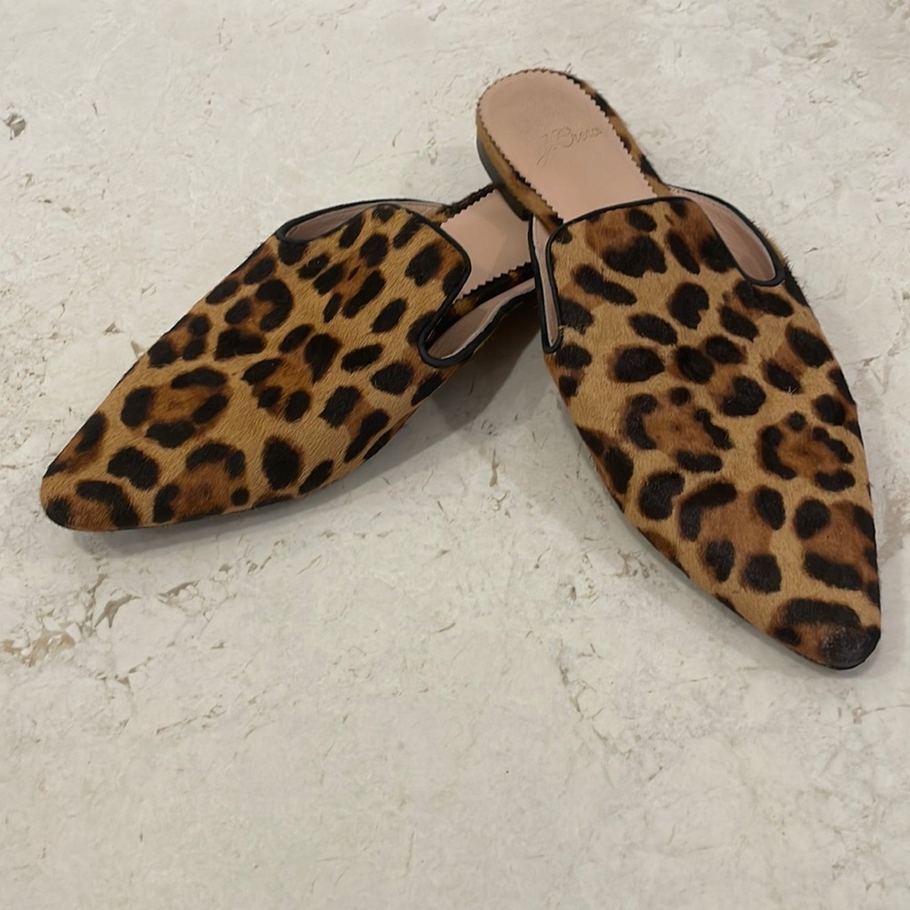 J Crew Leopard print real fur dyed calf hair mules